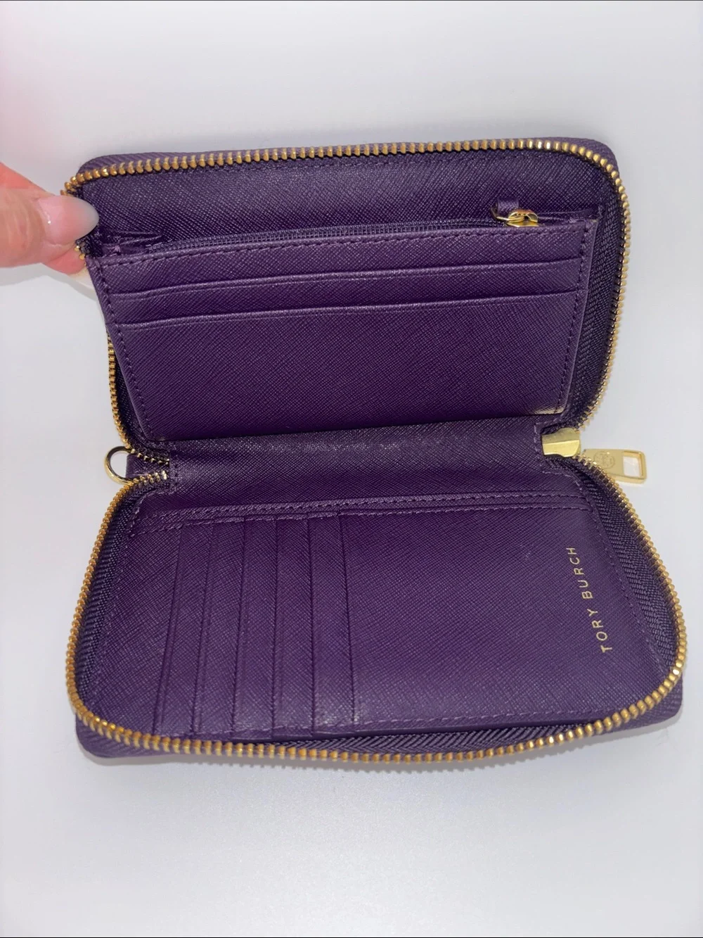 Tory Burch Deep Purple Leather Zip-Around Wallet with Gold Logo